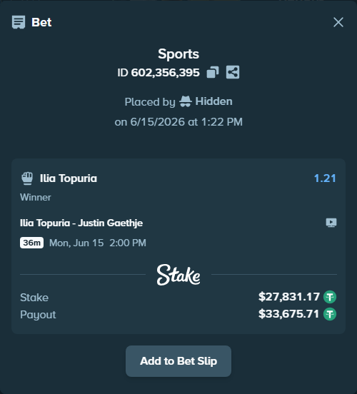 Bet slip: Ilia Topuria - Justin Gaethje, $27,859.00 stake at 1.21 odds, placed by Hidden