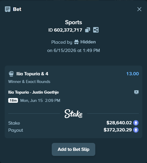 Bet slip: Ilia Topuria - Justin Gaethje, $28,923.40 stake at 13.00 odds, placed by Hidden