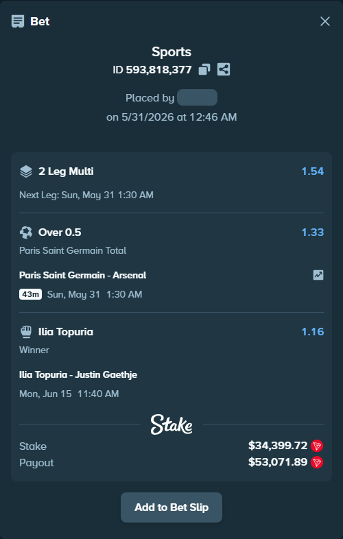Bet slip: Ilia Topuria - Justin Gaethje, $32,601.90 stake at 1.16 odds, placed by Irakli1989