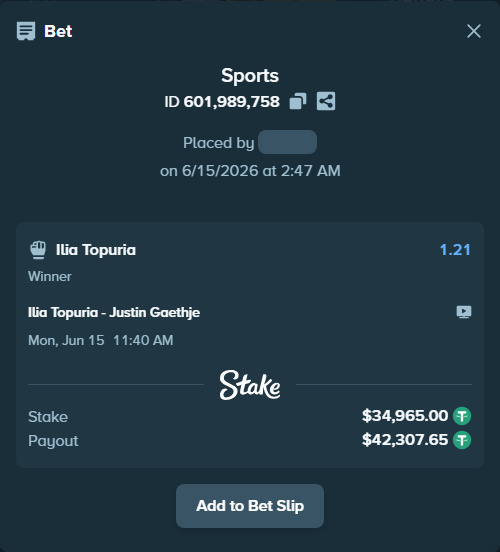 Bet slip: Ilia Topuria - Justin Gaethje, $34,999.96 stake at 1.21 odds, placed by Borsmaxx