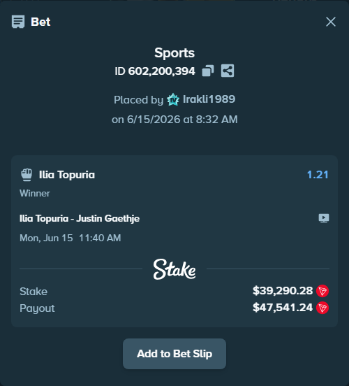 Bet slip: Ilia Topuria - Justin Gaethje, $40,067.74 stake at 1.21 odds, placed by Irakli1989