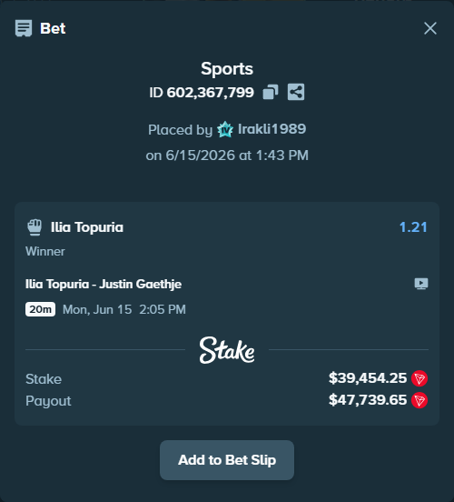 Bet slip: Ilia Topuria - Justin Gaethje, $40,067.74 stake at 1.21 odds, placed by Irakli1989