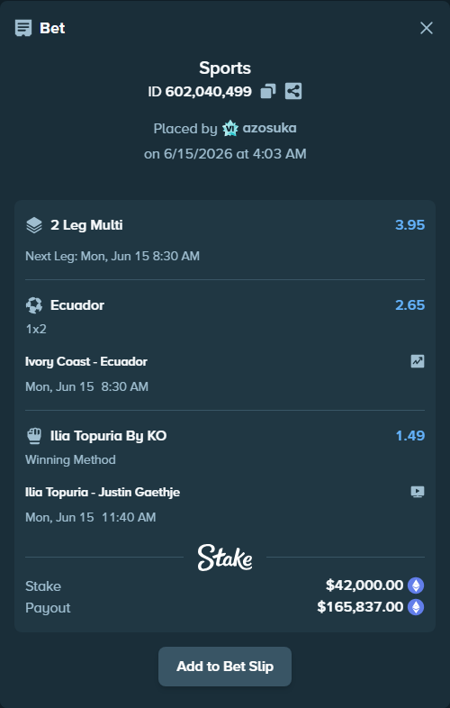 Bet slip: Ilia Topuria - Justin Gaethje, $43,908.82 stake at 1.49 odds, placed by azosuka