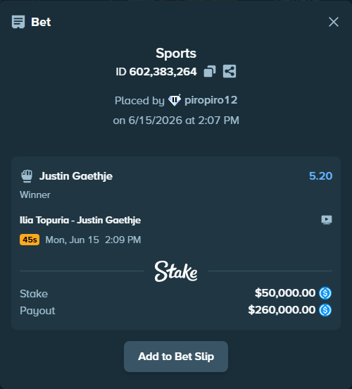 Bet slip: Ilia Topuria - Justin Gaethje, $50,000.00 stake at 5.20 odds, placed by piropiro12