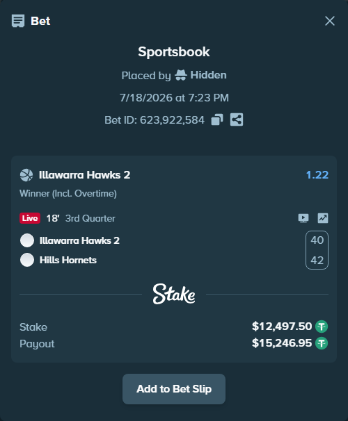 Bet slip: Illawarra Hawks 2 - Hills Hornets, $12,510.00 stake at 1.22 odds, placed by Hidden