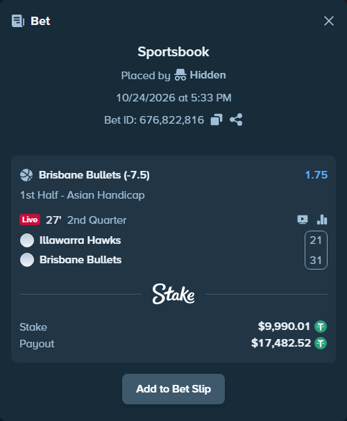 Bet slip: Illawarra Hawks - Brisbane Bullets, $10,000.00 stake at 1.75 odds, placed by Rovangood