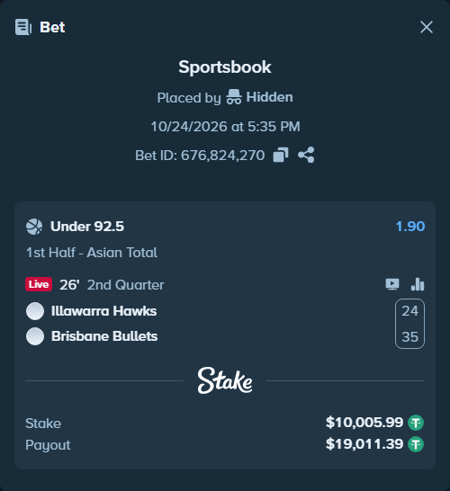 Bet slip: Illawarra Hawks - Brisbane Bullets, $10,016.00 stake at 1.90 odds, placed by Rovangood