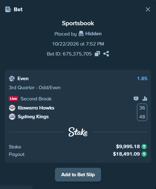 Bet slip: Illawarra Hawks - Sydney Kings, $10,005.18 stake at 1.85 odds, placed by Aziz19gh