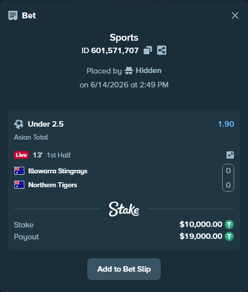 Bet slip: Illawarra Stingrays - Northern Tigers, $10,010.00 stake at 1.90 odds, placed by Hidden