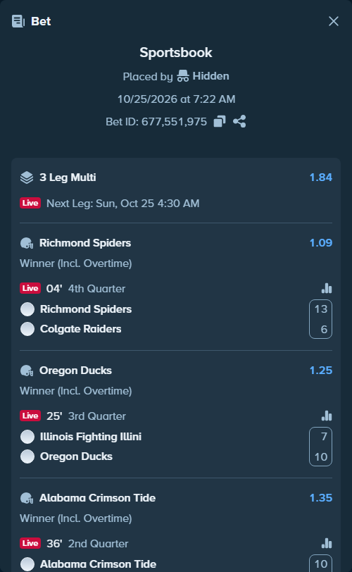 Bet slip: Illinois Fighting Illini - Oregon Ducks, $10,000.00 stake at 1.25 odds, placed by duman6
