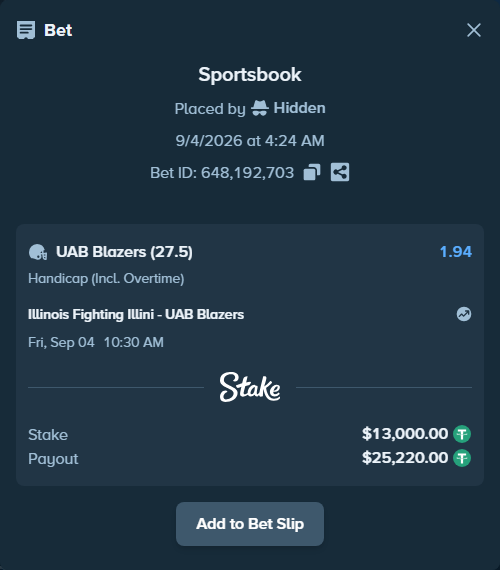 Bet slip: Illinois Fighting Illini - UAB Blazers, $13,000.00 stake at 1.94 odds, placed by Hidden