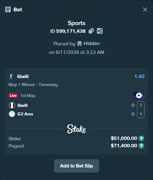 Bet slip: illwill - G2 Ares, $51,051.00 stake at 1.40 odds, placed by Hidden