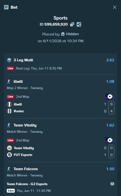 Bet slip: illwill - Rustec, $20,500.00 stake at 1.08 odds, placed by Hidden