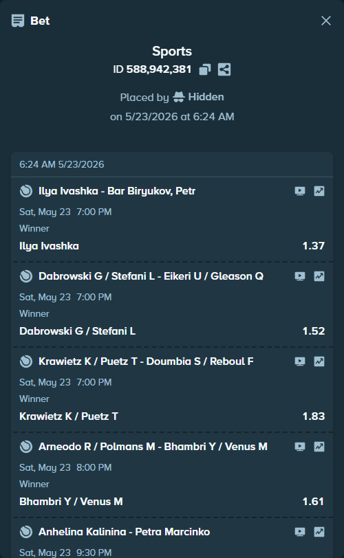 Bet slip: Ilya Ivashka - Bar Biryukov, Petr, $10,000.00 stake at 1.37 odds, placed by Hidden