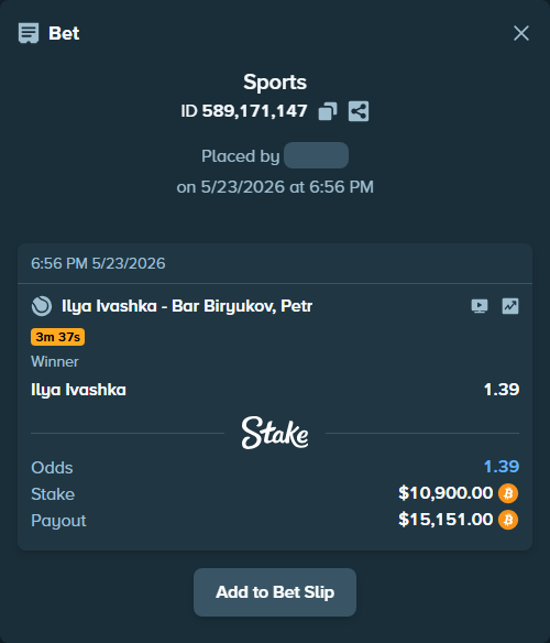 Bet slip: Ilya Ivashka - Bar Biryukov, Petr, $9,396.04 stake at 1.39 odds, placed by Dzokoichoi