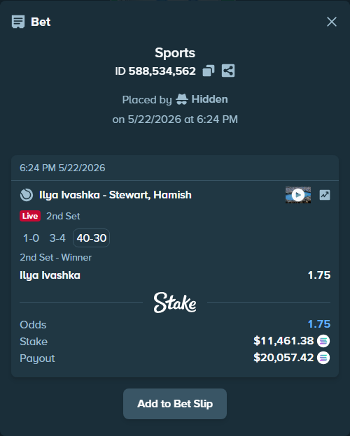 Bet slip: Ilya Ivashka - Stewart, Hamish, $9,667.46 stake at 1.75 odds, placed by Hidden