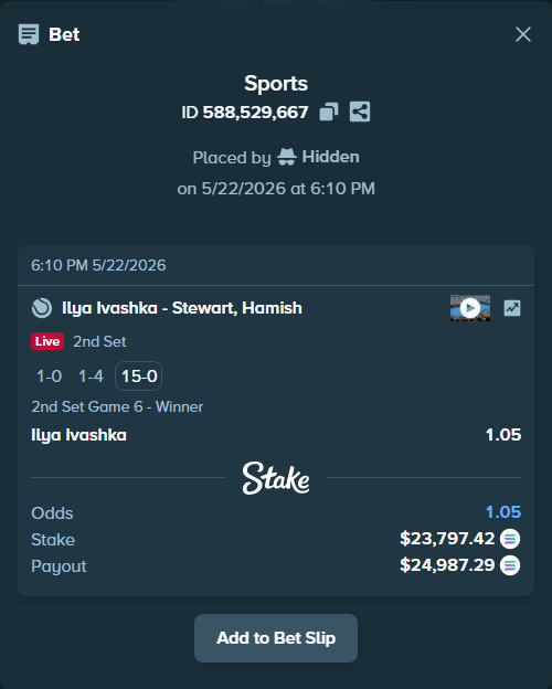 Bet slip: Ilya Ivashka - Stewart, Hamish, $20,020.26 stake at 1.05 odds, placed by Hidden