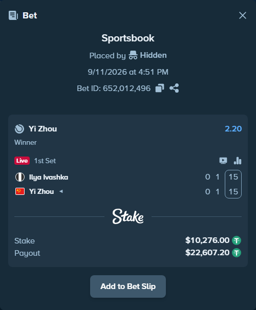 Bet slip: Ilya Ivashka - Yi Zhou, $10,276.00 stake at 2.20 odds, placed by Hidden