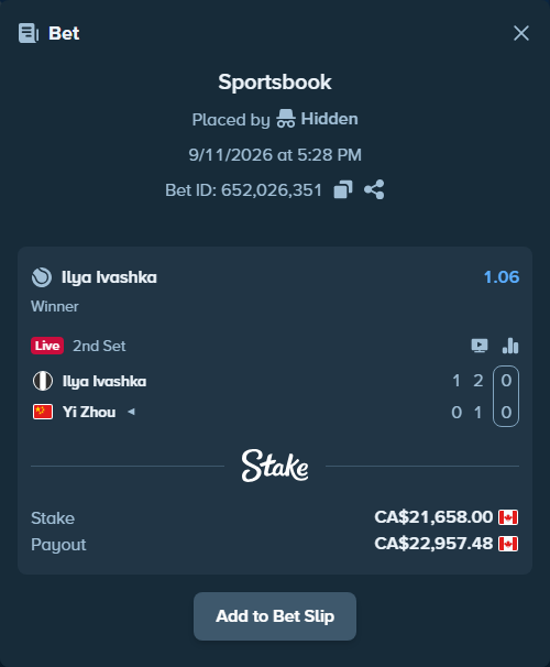 Bet slip: Ilya Ivashka - Yi Zhou, $16,026.92 stake at 1.06 odds, placed by Hidden