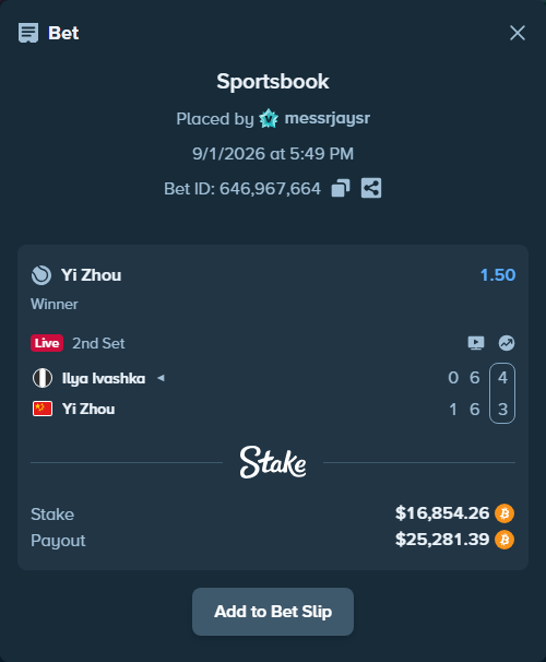 Bet slip: Ilya Ivashka - Yi Zhou, $16,759.65 stake at 1.50 odds, placed by messrjaysr