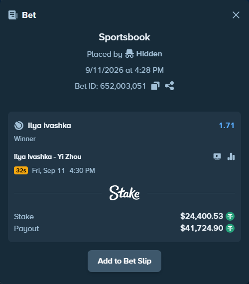 Bet slip: Ilya Ivashka - Yi Zhou, $24,400.53 stake at 1.71 odds, placed by Hidden