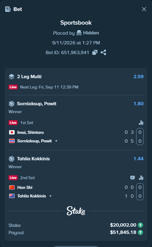 Bet slip: Imai, Shintaro - Sornlaksup, Pawit, $20,000.00 stake at 1.80 odds, placed by Hidden