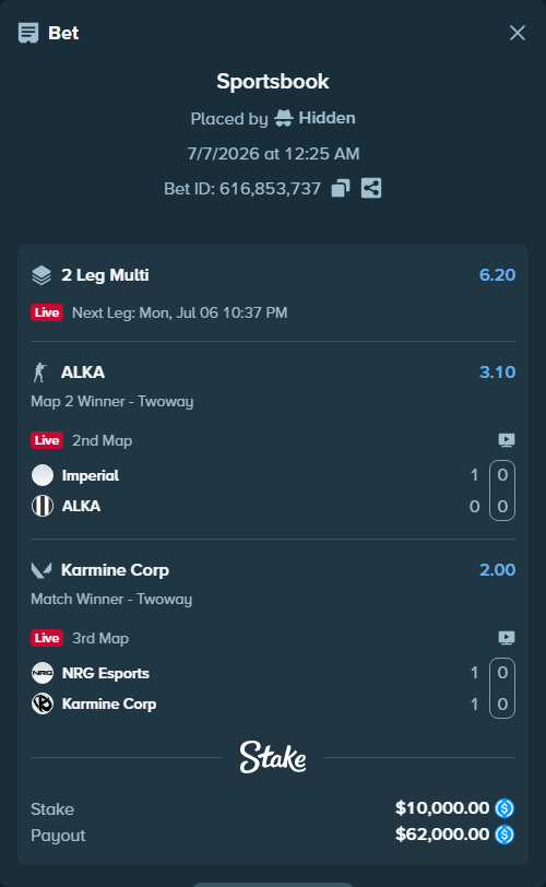 Bet slip: Imperial - ALKA, $10,000.00 stake at 3.10 odds, placed by Hidden