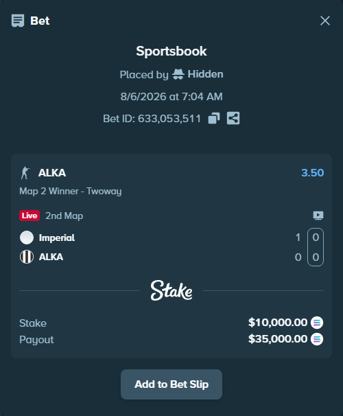 Bet slip: Imperial - ALKA, $9,817.72 stake at 3.50 odds, placed by Hidden