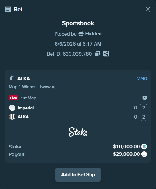Bet slip: Imperial - ALKA, $9,774.12 stake at 2.90 odds, placed by Hidden