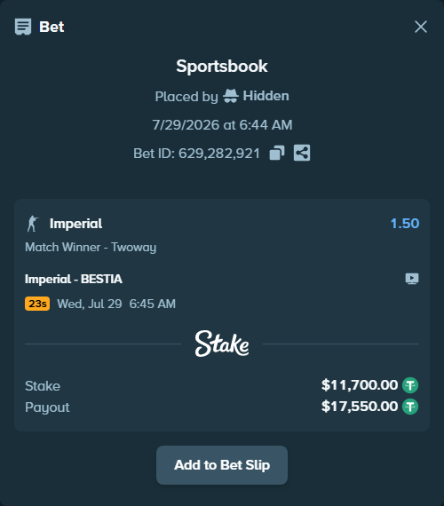 Bet slip: Imperial - BESTIA, $11,711.70 stake at 1.50 odds, placed by Hidden