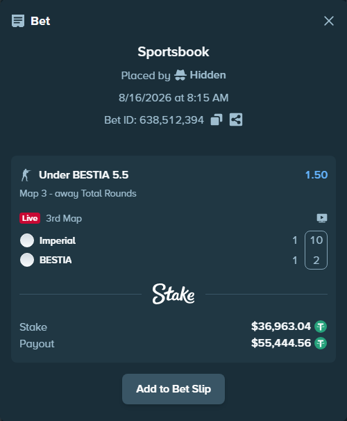 Bet slip: Imperial - BESTIA, $37,000.00 stake at 1.50 odds, placed by saszakoncza