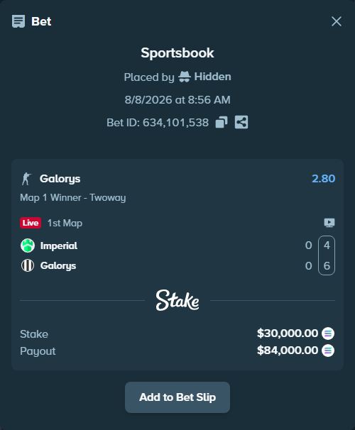 Bet slip: Imperial - Galorys, $29,962.56 stake at 2.80 odds, placed by Hidden