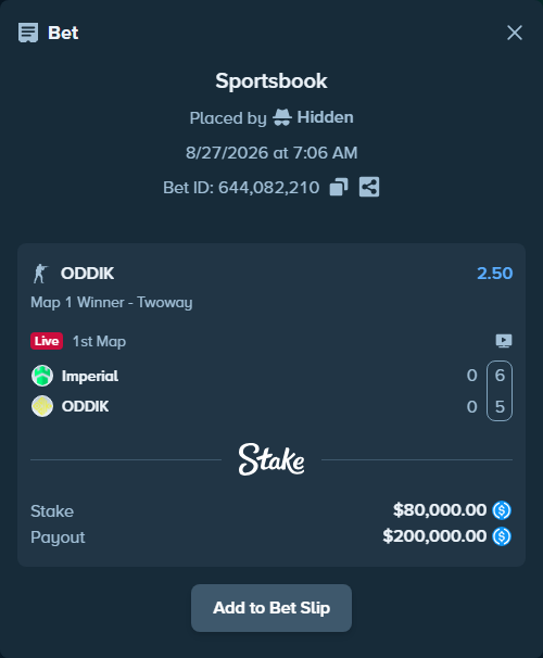 Bet slip: Imperial - ODDIK, $80,000.00 stake at 2.50 odds, placed by Hidden
