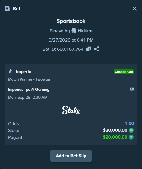 Bet slip: Imperial - paiN Gaming, $20,000.00 stake at 1.58 odds, placed by mi6a1