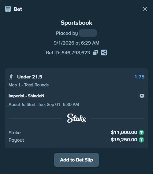Bet slip: Imperial - ShindeN, $11,000.00 stake at 1.75 odds, placed by saszakoncza