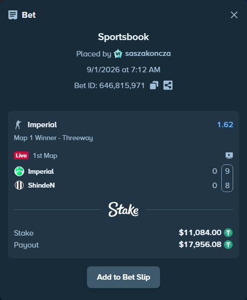 Bet slip: Imperial - ShindeN, $11,084.00 stake at 1.62 odds, placed by saszakoncza
