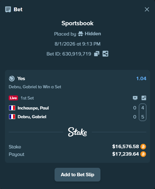 Bet slip: Inchauspe, Paul - Debru, Gabriel, $16,921.73 stake at 1.04 odds, placed by Hidden