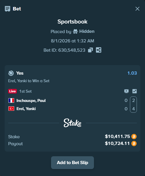 Bet slip: Inchauspe, Paul - Erel, Yanki, $10,688.82 stake at 1.03 odds, placed by Hidden