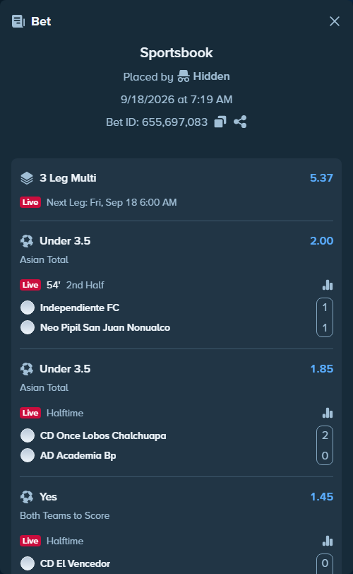 Bet slip: Independiente FC - Neo Pipil San Juan Nonualco, $13,672.08 stake at 2.00 odds, placed by Hidden
