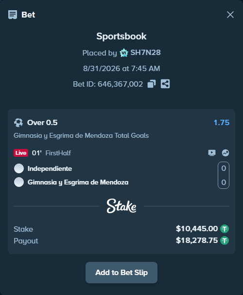 Bet slip: Independiente - Gimnasia Mendoza, $10,445.00 stake at 1.75 odds, placed by SH7N28