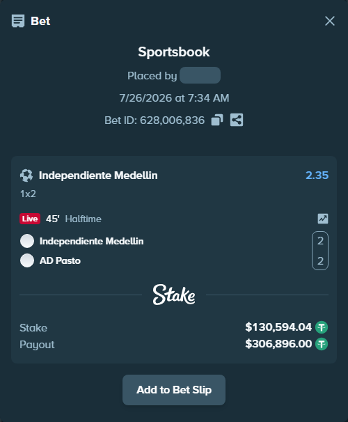 Bet slip: Independiente Medellin - AD Pasto, $130,724.64 stake at 2.35 odds, placed by kabic555