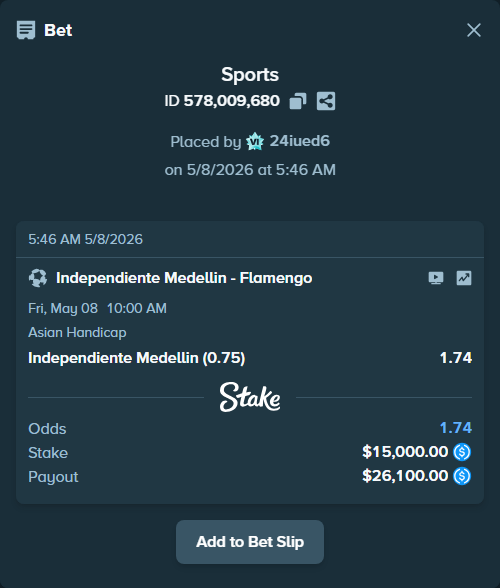 Bet slip: Independiente Medellin - Flamengo, $15,000.00 stake at 1.74 odds, placed by 24iued6