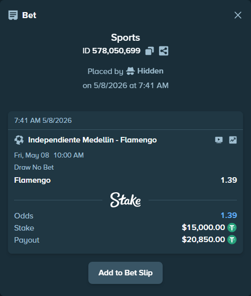 Bet slip: Independiente Medellin - Flamengo, $15,000.00 stake at 1.39 odds, placed by Hidden