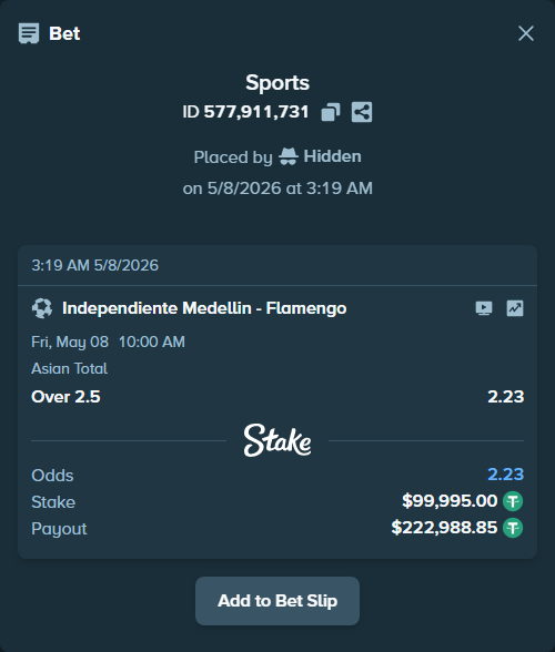 Bet slip: Independiente Medellin - Flamengo, $99,995.00 stake at 2.23 odds, placed by Hidden