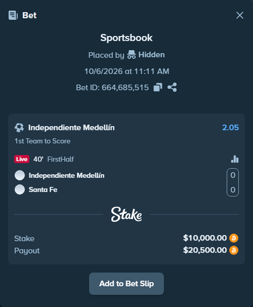 Bet slip: Independiente Medellin - Independiente Santa Fe, $9,976.59 stake at 2.05 odds, placed by Hidden