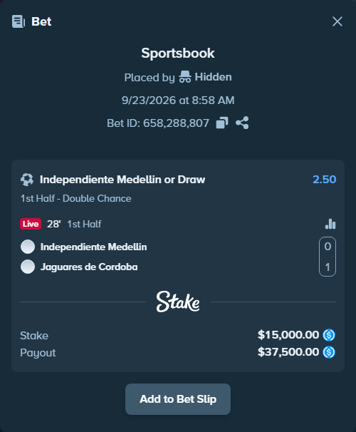 Bet slip: Independiente Medellin - Jaguares de Cordoba, $15,000.00 stake at 2.50 odds, placed by Hidden