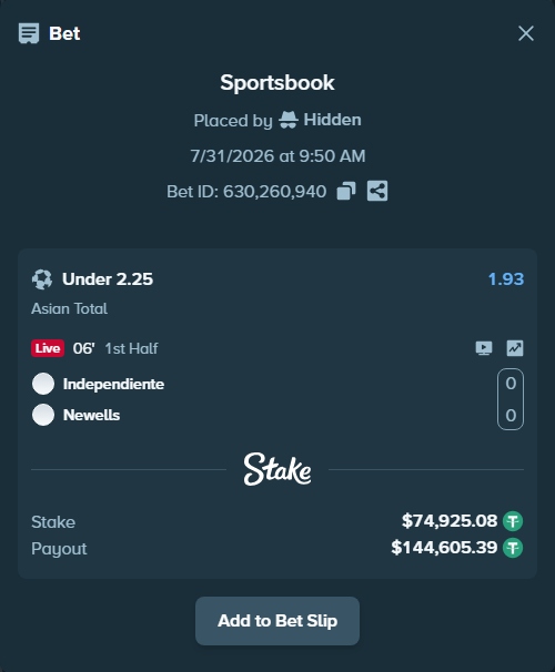 Bet slip: Independiente - Newells, $75,000.00 stake at 1.93 odds, placed by Hidden