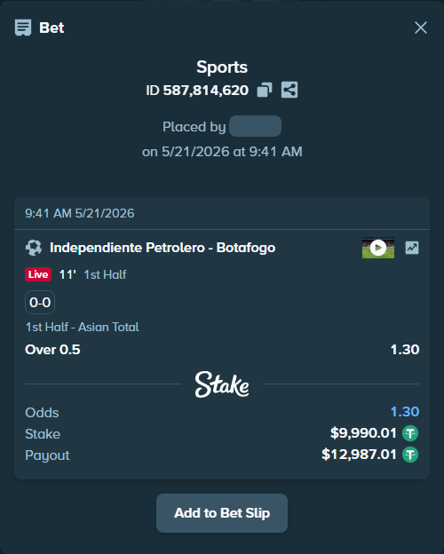 Bet slip: Independiente Petrolero - Botafogo, $10,000.00 stake at 1.30 odds, placed by rmaghsdudthd