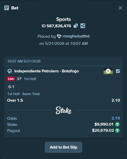 Bet slip: Independiente Petrolero - Botafogo, $10,000.00 stake at 2.10 odds, placed by rmaghsdudthd