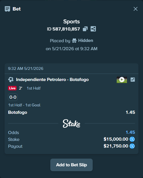 Bet slip: Independiente Petrolero - Botafogo, $15,000.00 stake at 1.45 odds, placed by Hidden